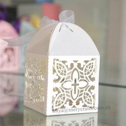 Laser cut cross paper bags for baby christening gifts/favors beige