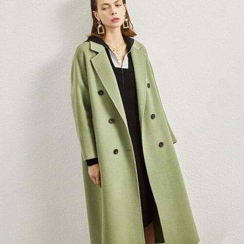 Luxurious handmade 100% woolen coats autumn winter fashion shea butter green double faced long woolen coat womens pure cashmere