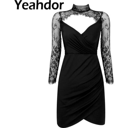 Sexy Womens Deep V Neck Dresses Femnine Cocktail Party Dress Hollow Out Lace Elegant Black Dress for Woman Low Cut Sheath Dress