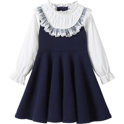 Girl Dress 2021 New Spring Girls Clothing Baby Casual Dress Kids Patchwork Blue White Clothes Children Long Sleeve Dresses