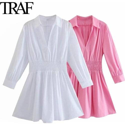 TRAF Women Fashion Spring Autumn White Dresses Pink Shirt Dress Chic Office Lady Elastic Waist Mini Dress Vestidos Mujer