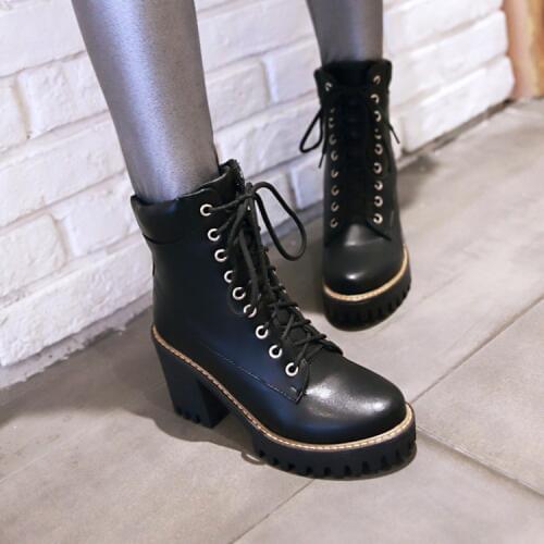 PXELENA Hot Retro Lace Up Square Chunky Block High Heels Boots Women Shoes Lace Up Round Toe Gothic Punk Motorcycle Boots