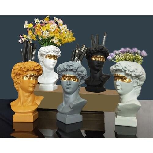 Roman Style David Sculpture Vase Table Home Crafts Decoration Resin Art Flower Pot Creative Makeup Brush Storage Box Pen Holder