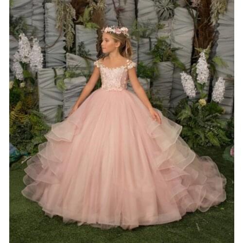 Pink Flower Girl Dress Floral Lace Applique Children Wedding Party Gowns New Kids Clothes Princess First Communion Dress
