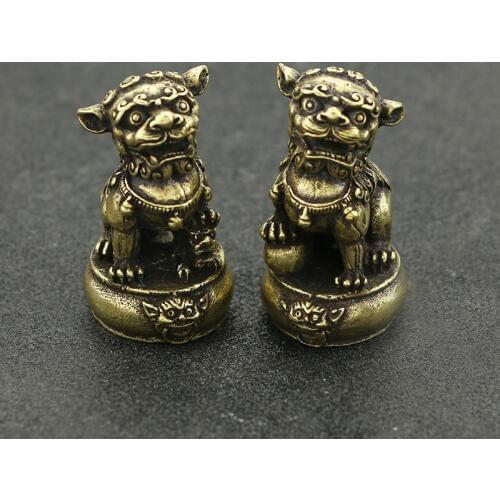 Vintage Copper 1 pair Lions stand on Drum Figurines Chinese Feng Shui Home Desk Decoration Accessories Brass Animal Ornaments