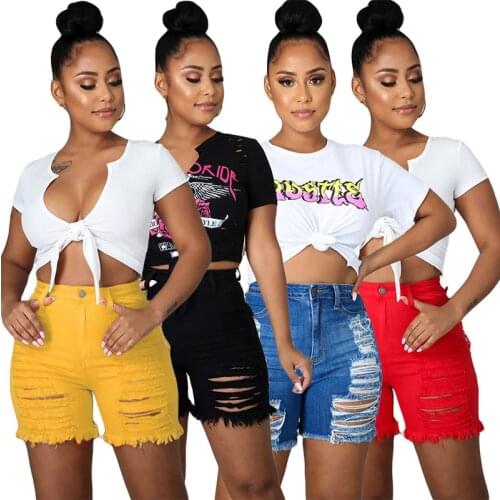 2021 Summmer New Women Denim Shorts Solid Hollow Out Elastic Jeans Shorts High Waist Casual Streetwear Nightclub Trousers