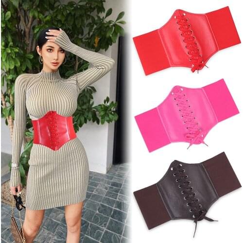 Women Charm Wide Corset Waistband Lace Up PU Leather Band Elastic Stretch Cinch Waist Belt