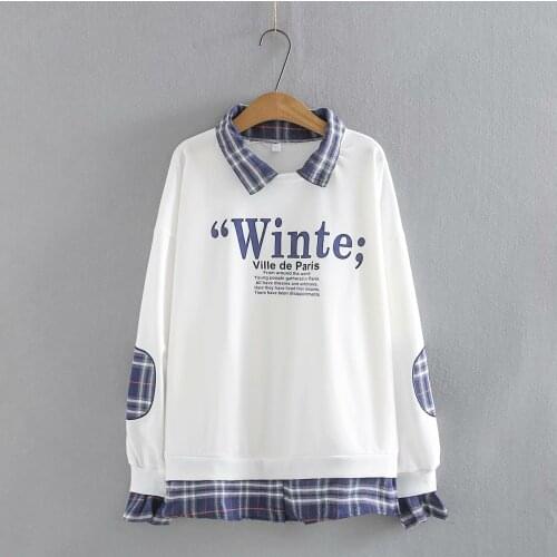 Plus size turn-down collar letter print Fake two loose Womens Sweatshirts 2021 white black spring autum pullover Woman clothes