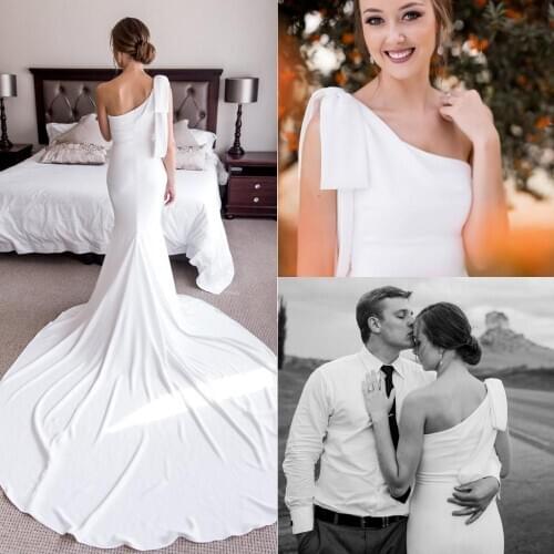 2021 Satin Mermaid Wedding Dresses One Shoulder Long Train Big Bow Beach Bridal Gowns robes de mariée vestidos de novia