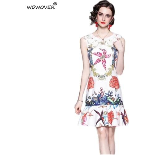 Runway Fashion Sleeveless Beading Vintage Print Summer Dresses for Women 2021 Female Clothing Flounced Eged Casual Tank Vestidos