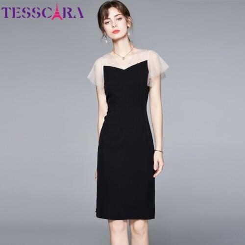 TESSCARA Women Summer Elegant Pencil Dress Festa High Quality V-Neck Office Party Robe Femme Vintage Designer Black Vestidos