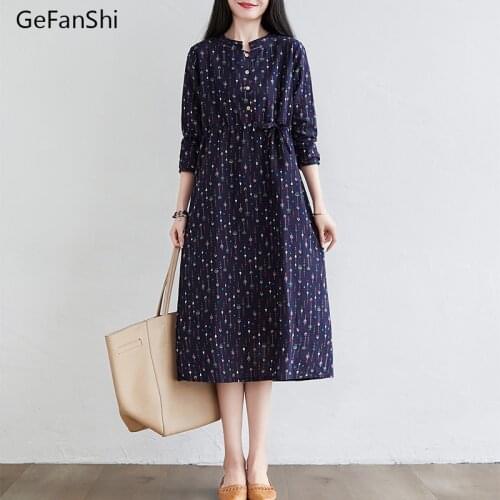 2021 Autumn Winter Womens Dress Fashion Floral Print Long Sleeve Cotton Linen Casual Office Ladies Fashion Dresses M-XXL