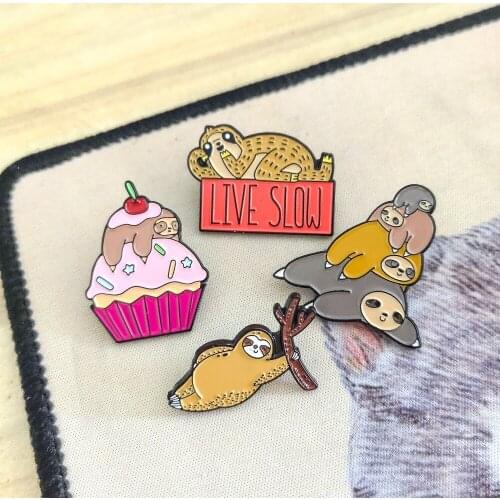 Animals Cute Prostrate Sloth Lapel Pins Love Hug Live Slow Action Coffee Cup Listen To Tthe Music Dessert Cake Badges Jewelry
