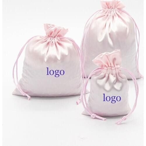 Satin Drawstring Bag Smooth Silk Pouch Packaging Jewelry Cosmetic Hair Party Gift Reusable Sachet Custom Logo Size Print 100PCS