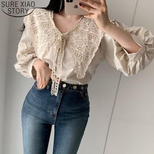 Embroidery Big Lapel Blouse Women Korean Fashion Vintage Lace Blouse Autumn Hollow Shirts Women Lantern Sleeve New Blusas 16125