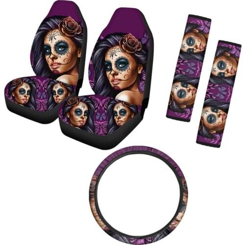 Calavera Girl Floral Pattern 5pcs Car Interior Seat Covers Car Steering Wheel Cover for Most Cars Washable Car Seat Belt Covers