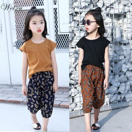 Weixu Children Girls Summer Clothing Sets Cotton Short Sleeve T-shirts + Flower Harem Pants 2pcs Suits for Kids Girl 10 12 Years