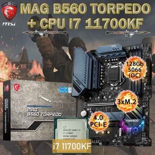 LGA 1200 MSI MAG B560 TORPEDO Motherboard Combo + Intel i7 11700KF CPU Set DDR4 128GB M.2 PCI-E 4.0 Chia Placa-mãe Desktop B560