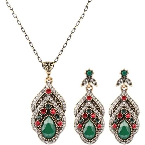 MIQIAO Silver Plated Luxury Zircon Green Stone Vintage Boho Indian Collar Chains Necklace Stud Earrings Jewelry Sets for Women