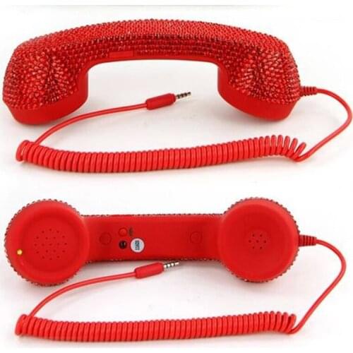 Cellphone Retro Crystal Diamond Handset 3.5mm Mini Microphone Speaker Headset for Mobile Phones, Computer, Red