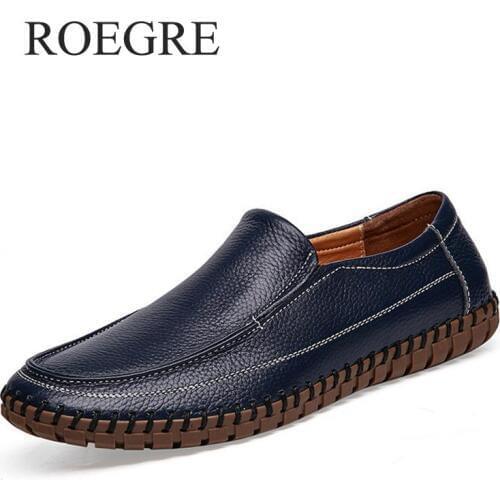 ROEGRE Men Casual Shoes Genuine Leather Moccasin Loafers Masculino Handmade Slip On Flat Boat Shoes Male Footwear Size 38-47