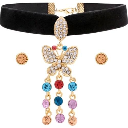 Butterfly Jewelry Set Black Velvet Elastic Choker Necklace Colorful Crystal Pendant Women Rhinestone Stud Earrings Set ChicStyle