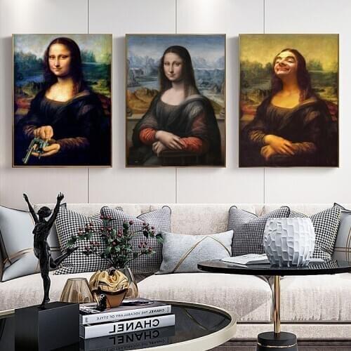 Funny Mona Lisa Mr Bean Portrait Figure Canvas Painting Decor Wall Art Posters Prints Wall Pictures for Living Room Home Cuadros