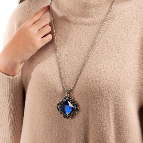 New fashion women pendant necklace square big drop crystal national wind long chain sweater necklace Retro jewelry collar ladies