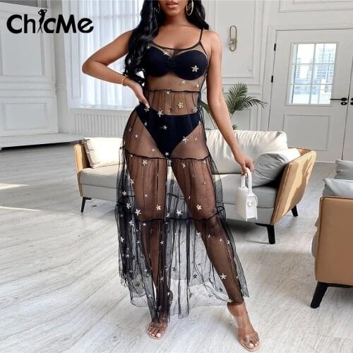 Chicme Women Maxi Star Floral Pattern Sequins Sheer Mesh Dress Sexy See Through Female Spaghetti Strap Elegant Long Vestidos