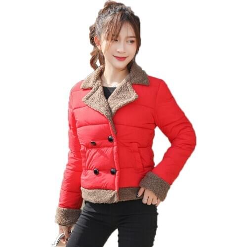 Womens Down Cotton Coat Autumn and Winter Coat Short Double Breasted Suit Collar Warm Jacket Red Black Cotton Coat Parkas B150