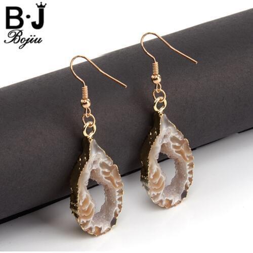 Bojiu Romantic Druzy Stone Dangle Earrings Exquisite Irregular Natural Stone New Jewelry For Women Long Drop Earrings EA038