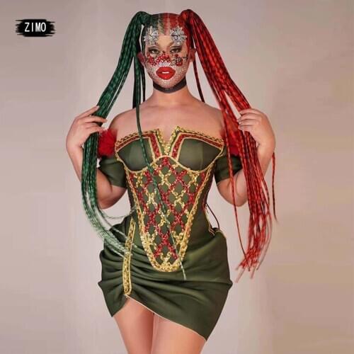 Christmas Performance Costume Green Dress Mask Headdress Three-piece Sequin Sexy Women Strapless Dress Club Party Stage Costume
