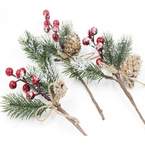 5pcs/Set Christmas Ornament Fake Snow Frost Pine Branch Cone Berry Holly Xmas Tree Decoration