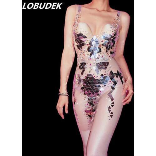 Silver Mirrors Crystals Short Dress Sexy Women Singer Host One Piece Stage Wear V-neck Mini Dress Bar Party Nightclub Costume