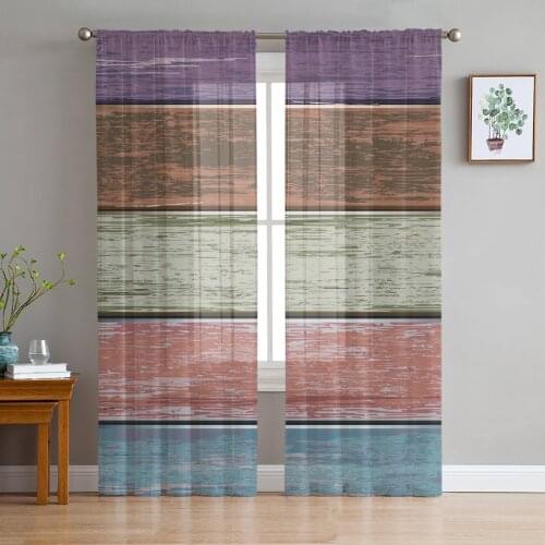 Retro Wood Grain Texture Chiffon Tulle Curtains for Living Room Kitchen Bedroom Sheer Voile Yarn Window Treatment