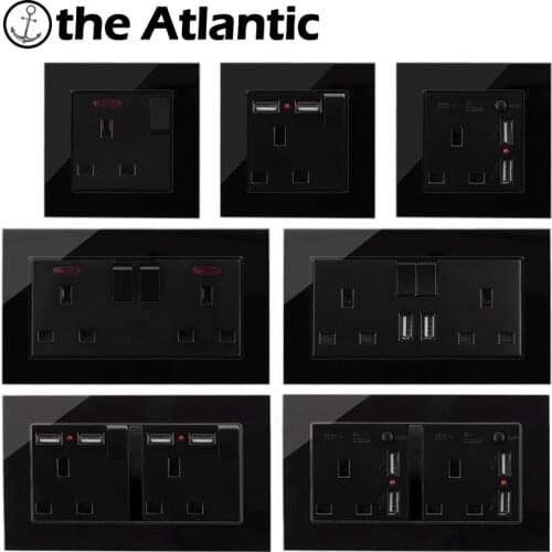 UK Plug Power Socket 13A With USB Charging Wall Outlet Double Outlet Black Glass Frame Singapore Ireland Malta 86 146 Type