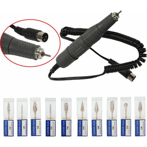 Dental Lab Marathon Polishing Handpiece 45K RPM /10Pcs Mixed G-type Burs Carbide Tungsten Steel Burs HP 2.35mm