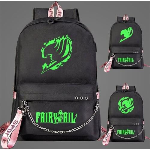 New Luminous Green Light Women USB Chain Backpack Fairy Tail Prints Boys Girls Kids School Bag Canvas Men Bagpack Bookbag