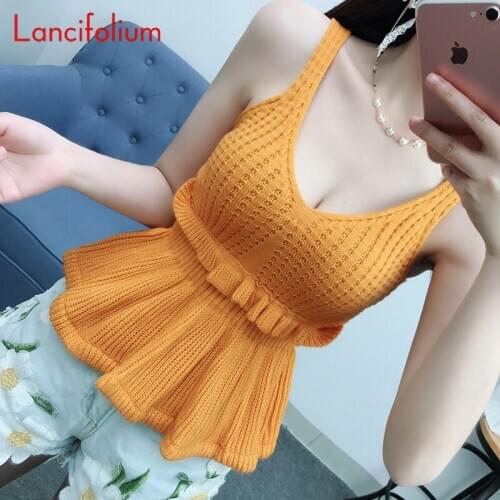 Knitted Tank Top Women Sexy V Neck Peplum T Shirt Korean Elegant Ruffle Knit Crop Top Ladies Yellow Green Cropped Cami Tee Shirt
