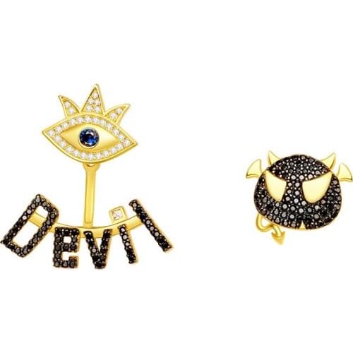 SLJELY Fashion Real 925 Sterling Silver Black Zircon Yellow Gold Color Asymmetric Devils Eye Earrings for Women Brand Jewelry