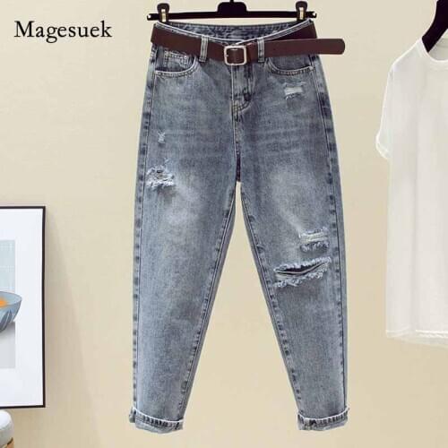 Women Hole Cotton Pantalon Fashion Women Clothing New Style Loose High Waist Jeans Woman Jeans 2020 Autumn Denim Trousers 10829