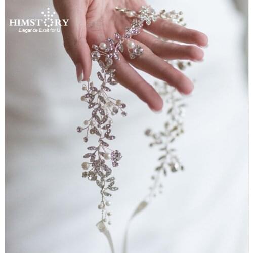 Himstory Pearl Crystal Leaf Women Headband Wedding Hair Accessories Handmade Hair Vine Hairband Bridal Wedding Hair Accessories