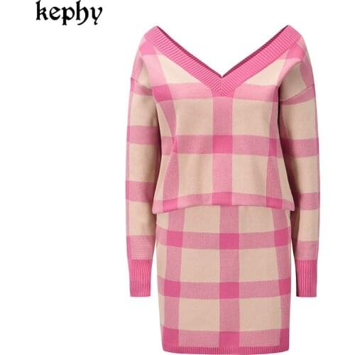 2021 autumn new knitted skirts fashion slim sweater long-sleeve knitwear set V-Neck 2 piece Sets Mini Skirt Suits Women Outfits