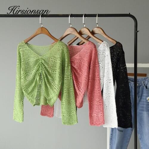 Hirsionsan Lace Up Sweater Women 2020 New Korean Elegant Oversized Autumn Crop Tops Soft Cutout Knitted Lady Pullovers Sweaters