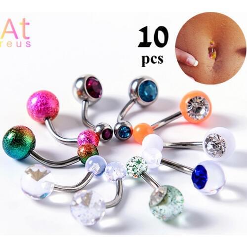 10 Pcs/set Sequin Zirconia Sexy Belly Bars Body Piercing Button Ring Navel Barbell Jewelry Tongue Lip Piercing Fashion Jewelry