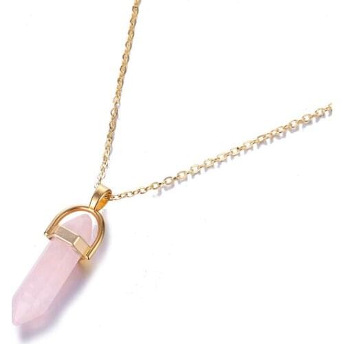 2020 New Hot Hexagonal Column Quartz Women Necklace Wicca Pentagram Pendant Fashion Natural Stone Pink Crystal Necklace Gift