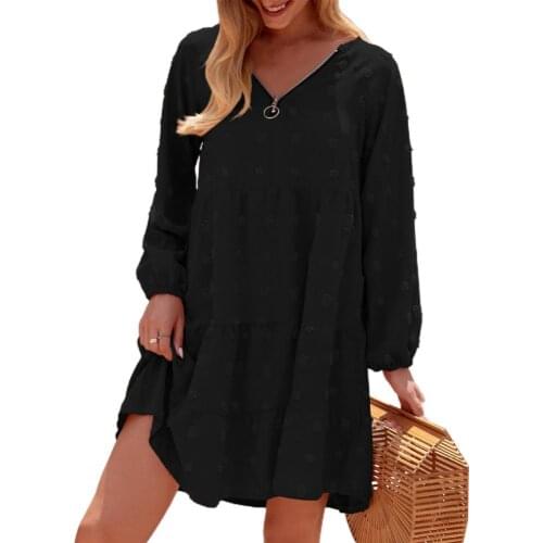 Autumn Womens Mini Dress Large Size Loose V-neck Zipper Jacquard Hair Ball Long Sleeve Cake Dress for Dating