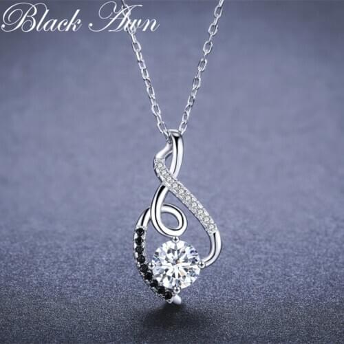 BLACK AWN Trendy Femme Genuine 100% 925 Sterling Silver Necklaces Pendants Jewelry Black&White Stone Necklace Women Bijoux P081