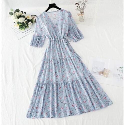 2021 Elegant Summer Dress Women Vintage Floral Print High Waist V-neck Short Sleeve Chiffon Dresses Fashion Casual Midi Dress