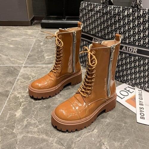 2020 Winter Women Platform Boots Brand Designers Fashion Chunky Ankle Boots Womens Patent Leather Gladiator Boots Woman Shoes